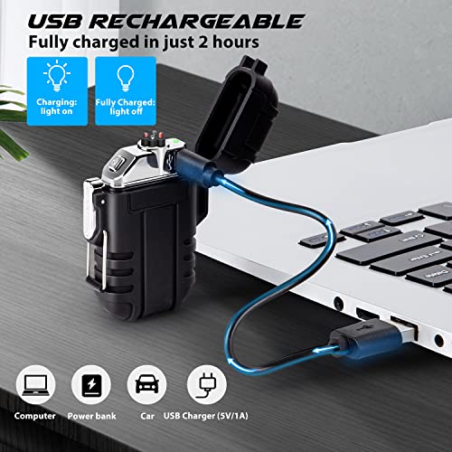 LcFun Electric Lighter, Plasma Lighter Waterproof Arc Lighter Windproof USB Lighter Rechargeable with Emergency Whistle for Hiking, Camping, Adventure, Outdoor, Survival, Tactical, EDC Gear (Black)