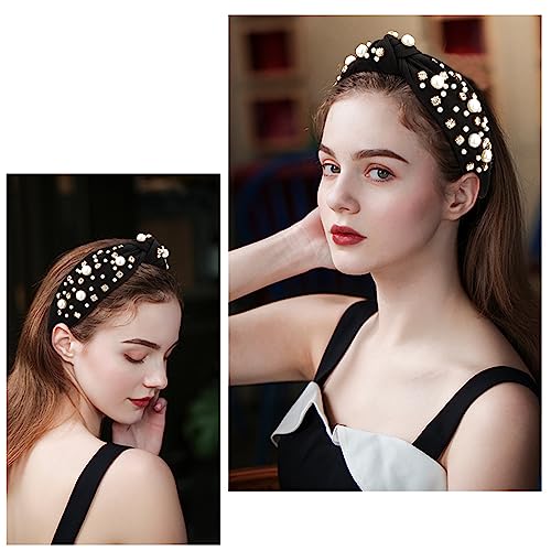 Atoden Black Wide Top Knot Headband with Pearl Rhinestone for Women's Hair Embellished Headbands Non Slip Sparkly Hair Bands Fashion Hair Accessories