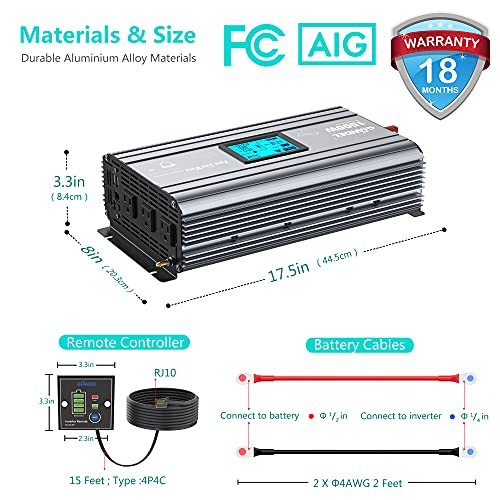 GIANDEL Pure Sine Wave Power Inverter 1500 Watt Low EMI FCC approved Converts DC 12V to AC 120V with LCD Display 3xAC Outlets & Remote Controller 2 USB Ports for RVs Trucks Boats and Emergency