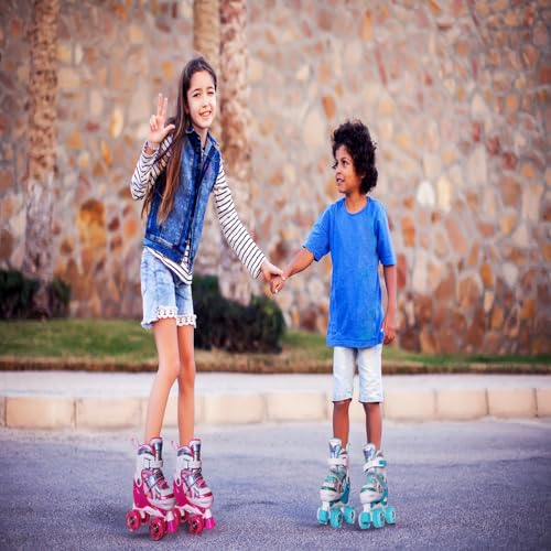 Girls Rainbow Unicorn Roller Skates for Big Kids ages6-12 7 8 9 10, 4 Size Adjustable Quad Skates with All Light Up Wheels - Best Birthday Gift for Outdoor Sports - Teal