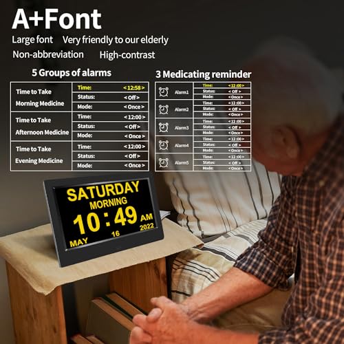 AINFTIME Clock with Day and Date for Elderly-3 Colors Display Digital Calendar Alarm Clock Dementia Alzheimers Clock with Extra Large Display (10.1in Black)