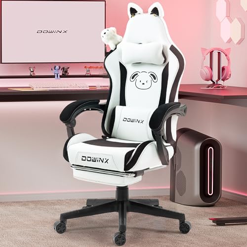 Dowinx Gaming Chair Cute with Cat Ears and Massage Lumbar Support, Ergonomic Computer Chair for Girl with Footrest and Headrest, Comfortable Reclining Game Chair 290lbs for Adult, Teen, White
