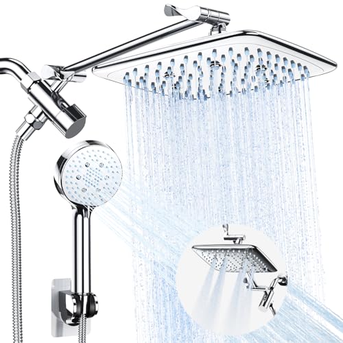 Veken High Pressure Rain Shower Head Combo with Extension Arm- Easy to Install Wide Rainfall Showerhead with 3 Water Spray Modes – Adjustable Dual Showerhead with Anti-Clog Nozzles