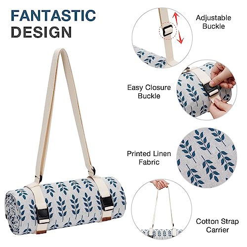 WILLOW WEAVE Picnic Blankets Washable | Beach Mat Sand Free Waterproof | Camping Blankets | Emergency Blankets | Picnic Baskets Accessories with Waterproof Backing and Shoulder Strap - BlueLeaf