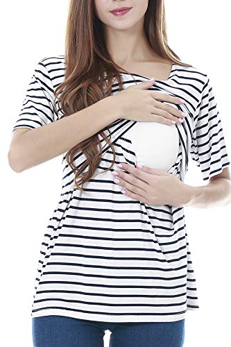 Smallshow 3 Pcs Maternity Nursing T-shirt Nursing Tops White Stripe-Black-Grey Medium