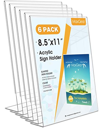 MaxGear 6Pack Acrylic Sign Holder 8.5 X 11, Plastic Sign Holder Plastic Paper Holder With Vertical Slanted Back Clear Picture Photo Frames Display Stand Flyer Document Holder for Office Desktop