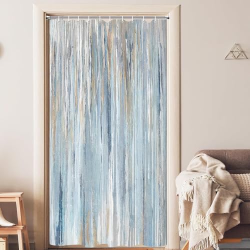 JAWO Abstract Brushstroke Blue Shower Curtain for Bathroom, Beige and Gold Yellow Shower Curtains, Modern Painting Farmhouse Aesthetic Polyester Waterproof Bathroom Curtain with 12 Hooks