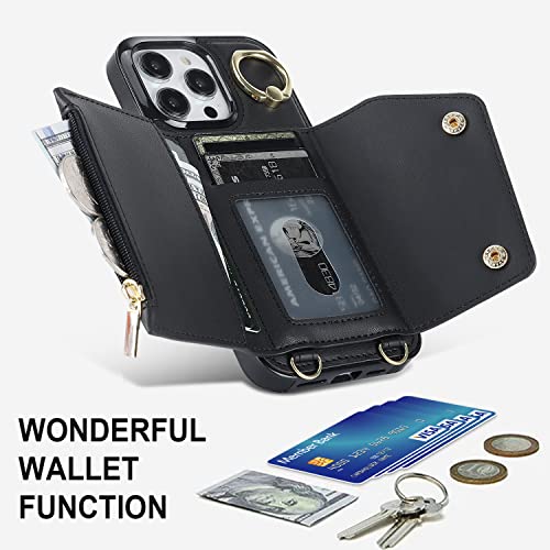 Phone Case for iPhone 13 Pro 6.1 inch Wallet Cover with Screen Protector and Ring Stand Credit Card Holder Slot Crossbody Strap Cell iPhone13Pro 5G i i-Phone i13 iPhone13 13Pro Women Girls Men Brown