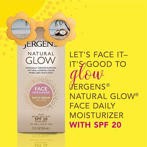 Jergens Natural Glow Face Self Tanner Lotion, SPF 20 Sunless Tanning, Fair to Medium Skin Tone, Daily Facial Sunscreen, Oil Free, Broad Spectrum Protection, 2 Fl Oz (Pack of 2) (Packaging May Vary)