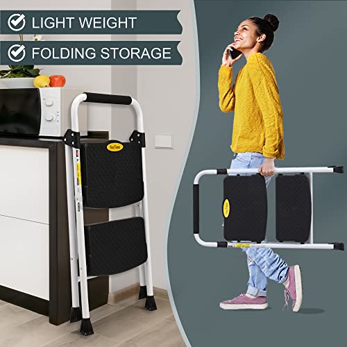 SocTone 3 Step Ladder, Folding Step Stool with Handle, Wide Anti-Slip Pedal, Lightweight, Multi-Use for Household and Office, 500lbs Capacity Sturdy Steel Ladder, Pink