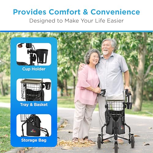NOVA Traveler Folding 3-Wheel Walker with Tray, Basket, Pouch & Cup Holder, Lightweight Mobility Aid for Seniors & Adults, 8” All-Terrain Wheels for Tight Spaces & Travel, Black