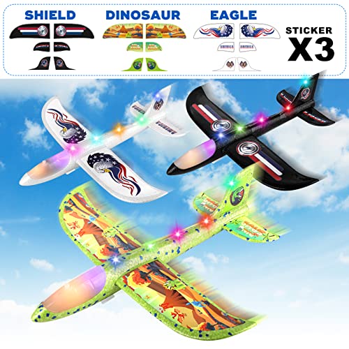 3 Pack Foam Airplane Launcher Toy with 3 DIY Stickers, 12.6" LED Airplane Toy, Catapult Plane Boy Toys, Outdoor Flying Toys for Kids Birthday Gifts for 4 5 6 7 8 9 10 11 12 Year Old Boys Girls