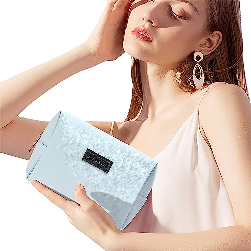 MAANGE Small Makeup Bag For Purse, Travel Cosmetic Bag Makeup Pouch PU Leather Portable Versatile Zipper Pouch For Women (Blue)