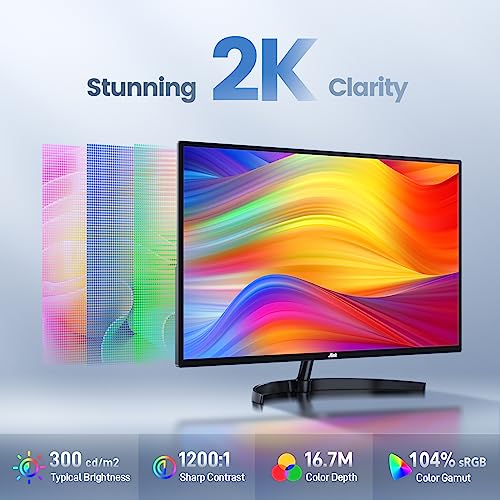 Jlink 2K Computer Monitor 32 Inch Monitor, IPS 1440P Monitor with Ultra-Thin Bezel, 104% sRGB Widescreen QHD AMD Display, Freesync and G-sync, HDMI VGA Mini DP+DP 3.5mm AUX Port, HDR Low Blue Light