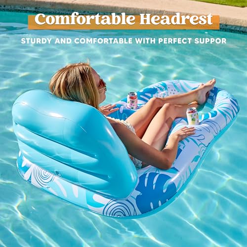 Sloosh Pool Lounge Float Adult, Inflatable Pool Floats Lounger Raft Floaties Water Floating Recliner Chair with Cup Holders Foot Rest Swimming Pool Floaty, Blue