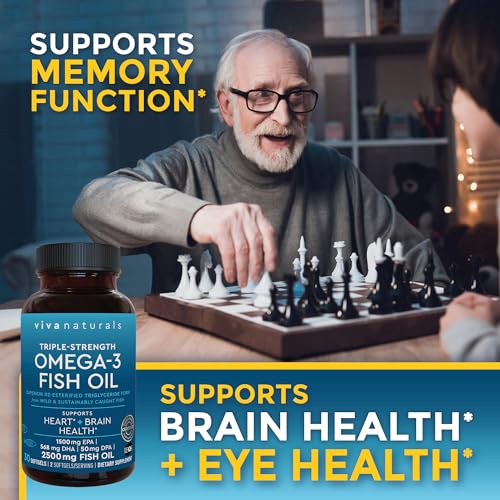 Viva Naturals Triple Strength Omega 3 Fish Oil Supplement - 2500 mg Fish Oil with Re-Esterified Omega 3 Fatty Acids Including EPA, DHA DPA - 30 Pescatarian-Friendly Softgels