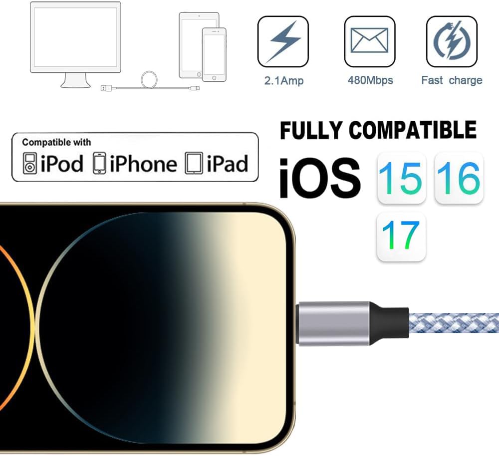 DAZHWA iPhone Charger 3pack 6ft MFi Certified Best New Nylon Braided Lightning Cable Cell Phone Fast Charger Cord Compatible with iPhone14/13/12/11Pro Max/XS/XR/X/8/7/6/5/SE/iPad More