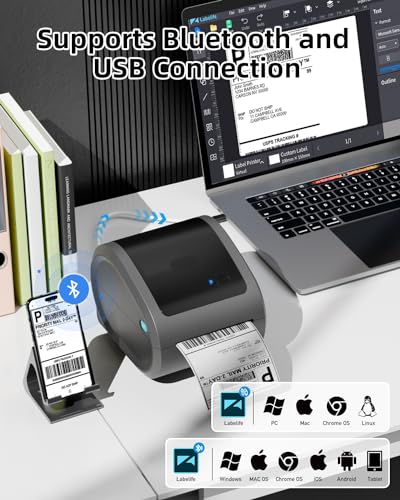 Memoqueen Bluetooth Thermal Printer - D520BT Shipping Label Printer Build-in Holder, Wireless Label Printer 4x6 for Small Business, Compatible with Amazon, Ebay, USPS, Support Android, iOS and PC