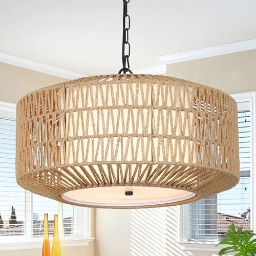 PAUFUL Farmhouse Chandelier Light Fixture,4-Light Rattan Boho Chandeliers for Dining Room with Fabric Shade,Hand Woven Large Rattan Dining Room Light Fixture for Kitchen Bedroom Island Hallway