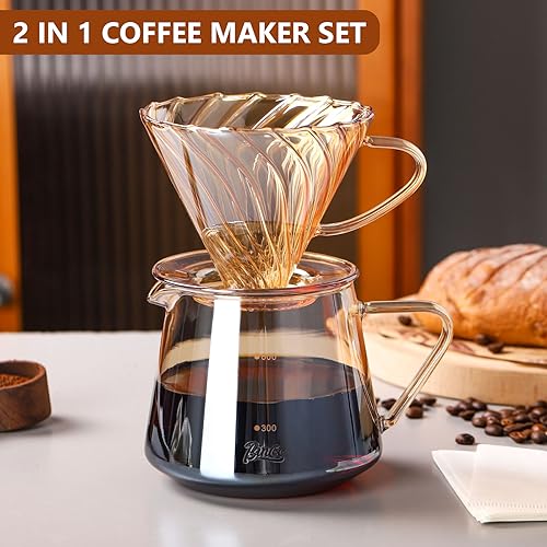 Bincoo Glass Coffee Server Set 600ml- Glass Pour Over Coffee Maker Set with Dripper, V60 Coffee Pot with 50 Count Paper Filter for Home and Office (Champagne)