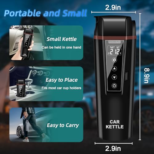 Car Electric Kettle: 12V/24V Portable Water Boiler Heated Travel Mug,Multiple Temperature Adjustable Coffee Tea Truck Cup with 304 Stainless Steel Dry Burn Protection & Handy Cup Bag