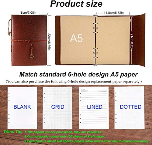 ThxMadam Vintage Notebook A5 Leather Cover Writing Notebook Loose Leaf Travel Journal Diary Refillable Sketchbook with 200 Kraft Pages/100 Sheets and 1 PVC Zipper Pocket Gift for Man Woman Student