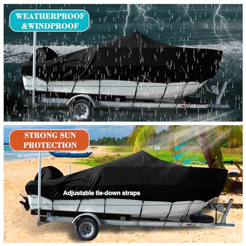 Comcaver Trailerable Boat Cover, Heavy Duty 800D 100% Waterproof Marine Grade Oxford Cloth, Weather Resistant Windproof UV & Tear-Resistant V-Hull Boat Cover, 14-16ft Long by 68in Wide, Black