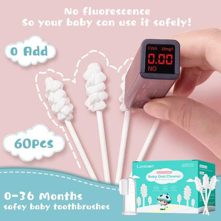 Lonlown 60PCS Baby Tongue Cleaner & 1PCS Finger Toothbrush Infant Mouth Cleaner Newborn Gum Cleaner Disposable Infant Oral Clean Stick Dental Care for 0-36 Month Baby