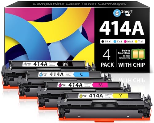 Smart Ink Compatible Toner Cartridge Replacement for HP 414A 414 A with Built-in Chip (4 Pack) to use with Color Laserjet Pro MFP M479fdw M479fdn M479fdw M454dw M454dn (Black Cyan Magenta Yellow)