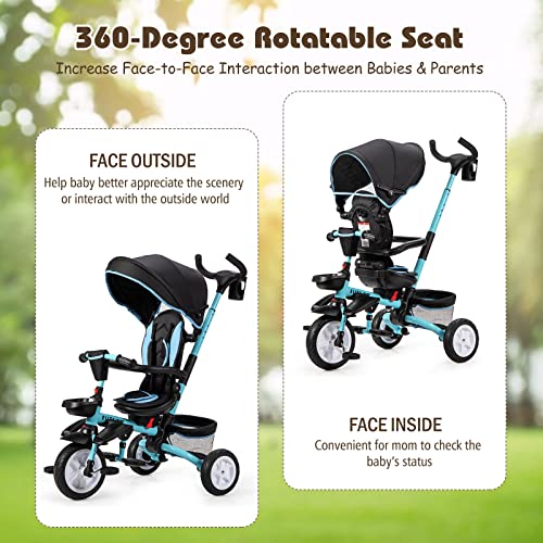 BABY JOY Tricycle, 7 in 1 Folding Toddler Bike w/Removable Push Handle, Rotatable Seat, Adjustable Canopy, Safety Harness, Storage, Cup Holder, Trike for 1-5 Year Old, Tricycle for Toddlers (Blue)