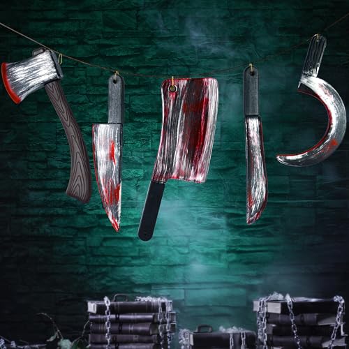 JOYIN 5 Pcs Knife Weapons Halloween Decorations Outdoor Indoor Toys Halloween Home Decor Haunted House Fake Blood, Machete Axe Cleaver Sickle