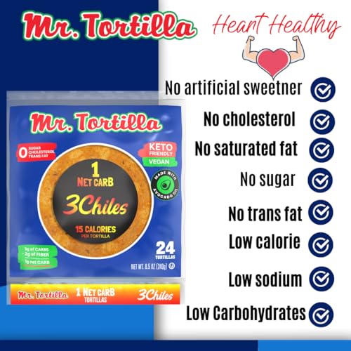 Mr. Tortilla Low Carb Keto Soft Taco Shells, Vegan Healthy Snacks & Bread Alternative, 1 Net Carb 15 Calories, Delicious Small Batch Kosher Wraps - (Spicy 3 Chiles, 24 Count)