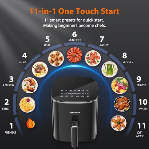 FABULETTA Air Fryer, 6 Quart Airfryer, White Air Fryers, 450F Max Crisp, 11-in-1 Functionality, Nonstick Basket, Diswasher Safe, Shake Reminder