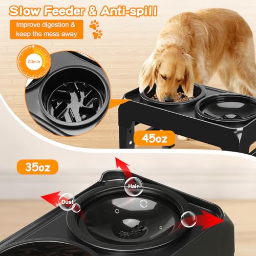 Elevated Dog Bowls 2-in-1 Slow Feeder Dog Food Bowls for Small Medium Dogs 3 Height Adjustable Raised Dog Bowl Stand Non-Slip Dog Feeder Adjusts to 2.75", 6", 7.5", Black