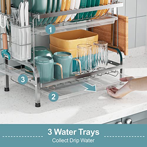 Swedecor Dish Drying Rack - 2 Tier Dish Rack with Drain Spout, Rust Resistant Dish Drainer with Cup Holder and Utensil Holder for Kitchen Countertop Small Saving Space, Black
