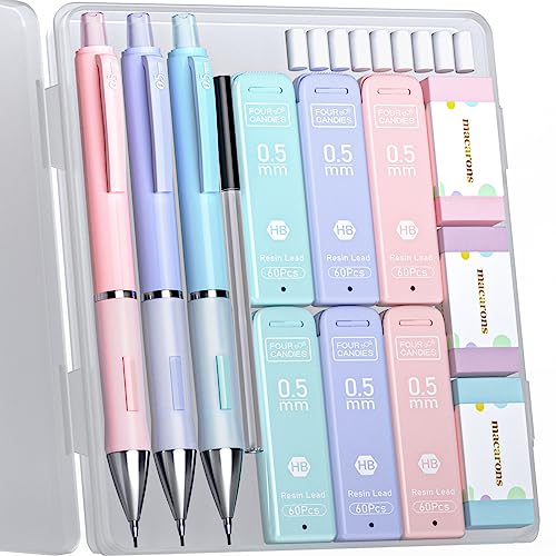 Four Candies 0.5 Mechanical Pencil Set, with 0.5mm #2 Lead Refills, Pastel Erasers & Eraser Refills, 13-Count Pack, Cute Aesthetic School Supplies for Writing, Drawing and Sketching