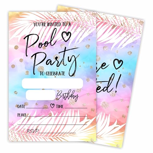 Pool Party Invitations For Birthday Party - Tie Dye & Palm - 20 Double-Sided Fill In Birthday Invite Cards With Envelopes For Kids Or Teens, Boys & Girls, Party Favor & Decorations - C03