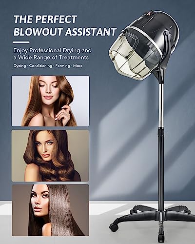 CO-Z 1300W Black Hooded Hair Dryer with Stand, Adjustable Height, 360 Swivel, Wheels, Temperature Timer, Safe Use