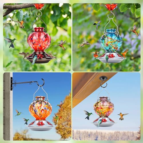 BOLITE Hummingbird Feeder, Hand Blown Glass Hummingbird Feeders for Outdoors Hanging, 22 Ounce, Five Feeding Ports with Perch, Peony Flower Shape, Red