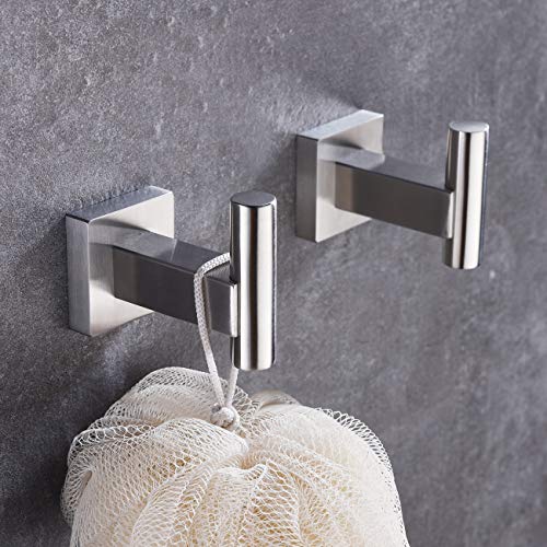 Hoooh 5-Piece Bathroom Accessories Set Brushed Stainless Steel Wall Mount - Includes Double Towel Bar, Towel Ring, Toilet Paper Holder, 2X Robe Hooks, BS101S5-BN