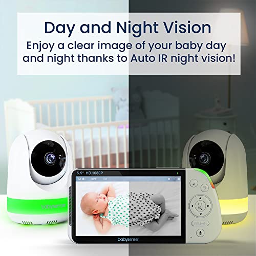 Babysense 5.5” 1080p Full HD Split-Screen Baby Monitor, Video Baby Monitor with Camera and Audio, PTZ Camera, RGB Night Light, 1000ft Range, Two-Way Audio, 4X Zoom, 5000mAh Battery