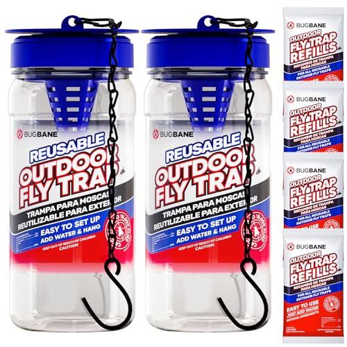 2 Reusable Fly Traps Outdoor Fly Traps with 4 Natural Fly Magnet Bait Refill. Flies Trap Outdoor Reusable Fly Trap Jar Fly Trap Fly Catchers Outdoor Fly Bait Fly Bags Flytraps Stable Fly Trap Bait