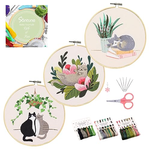 Santune 3 Pack Bee Embroidery Kit for Beginners Adult Cross Stitch Kits for Beginners Hand Embroidery with Animal Patterns and Instructions DIY Kits for Adult with Hoops, Threads and Needles
