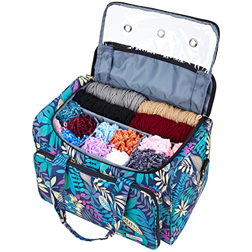 HOMEST XL Yarn Storage Bag, Large Organizer for Crochet Hooks, Needles, Woolen Skeins and Accessories, Knitting Tote with Removable Inner Dividers, Floral