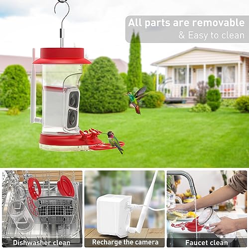 Soliom Humbirdy-The Original Hummingbird Feeder Camera with Ant Moat,Bee Proof,AI Identify Bird Species,Bird Watching Camera W/ 3 Feeding Ports,Instant Notifications,Gifts Ideas for Family(16 Ounces)