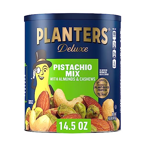 Planters Deluxe Pistachio Nut Mix (14.5 oz Canister) - Variety Nut Mix with Pistachios, Almonds & Cashews