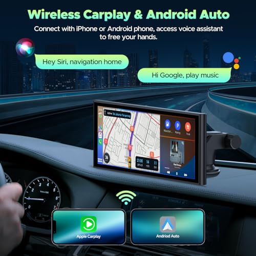 LAMTTO Wireless Carplay &Android Auto with 4K Dash cam,9.26 Inch Protable Carplay Screen for Car,1080P Backup Camera, Digital Media Receivers with Voice Control/Bluetooth/G-sensor/GPS/Mirror Link