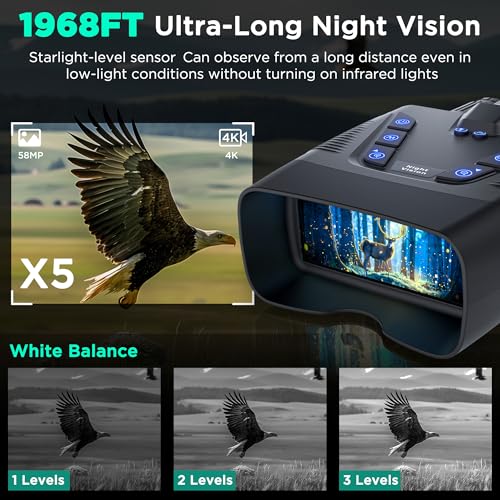 Night Vision Goggles, 58MP Full-Color 4K Night Vision Binoculars with 10000mAh Rechargeable Battery, 64GB Card, 3.99" Screen and 1968FT Viewing Range for Camping Hunting & Security