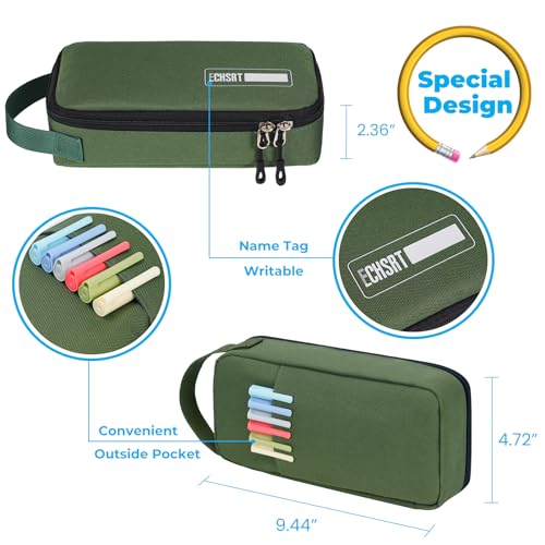 ECHSRT Big Pencil Case, Aesthetic Portable Zipper Pencil Bag with Hidden Pocket, Special Pencil Pouch for Men Women Adults, Stationery Organizer Pen Cases for Office Travel, Army Green Pencil Case