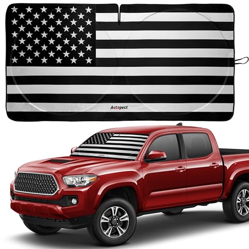 Autopect Windshield Sun Shade - American Flag Design, High-Resolution Sun Visor for Car, Truck, SUV with Mirror Cut-Out for Interior Sun Protection, Foldable Car Sun Shade (Black and White, Small)